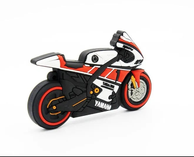 Cartoon motorcycle USB drive with red and white wristband, front view showing design and USB connector