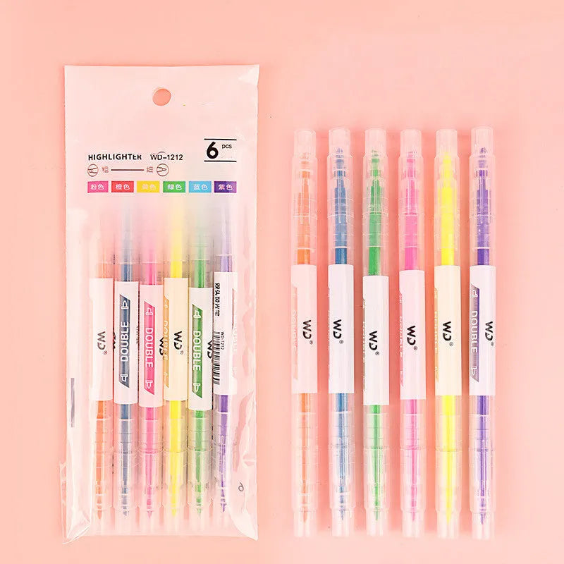 Six double-headed highlighter pens showing round and oblique tips in orange, purple, yellow, green, blue and pink colours