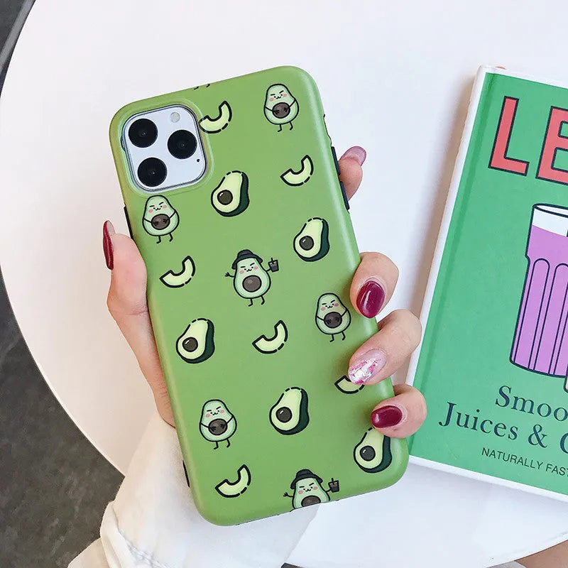 Green avocado cartoon TPU phone case on iPhone showing back cover design with green avocado graphic