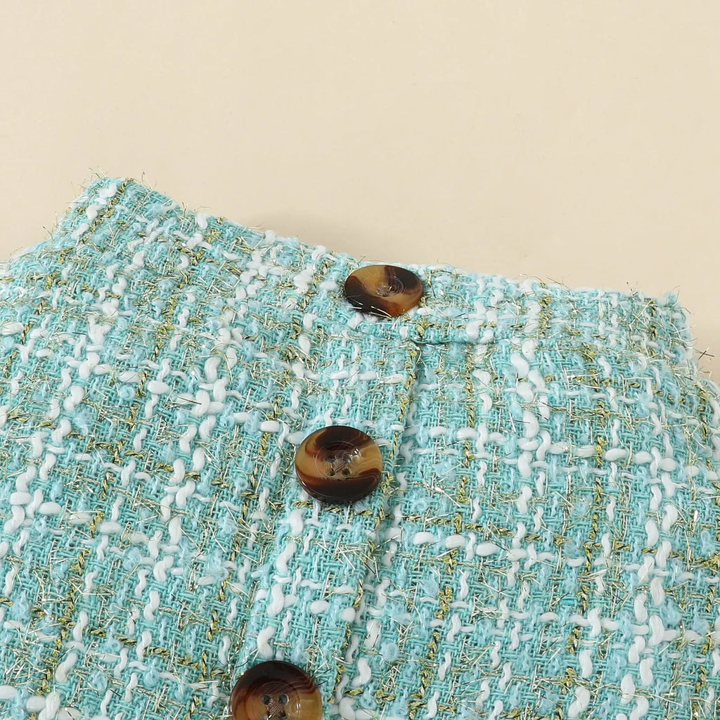 Babies' short-sleeved blouse skirt suit in black with plaid pattern, including romper, skirt and hairband