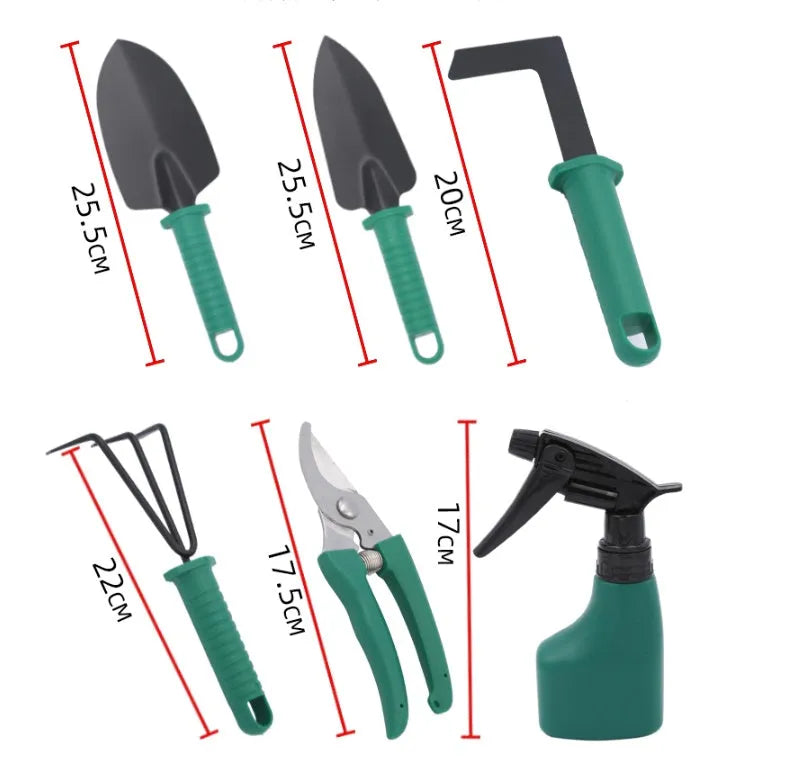 Ten-piece gardening tool set with iron heads and plastic handles in green and purple colour options