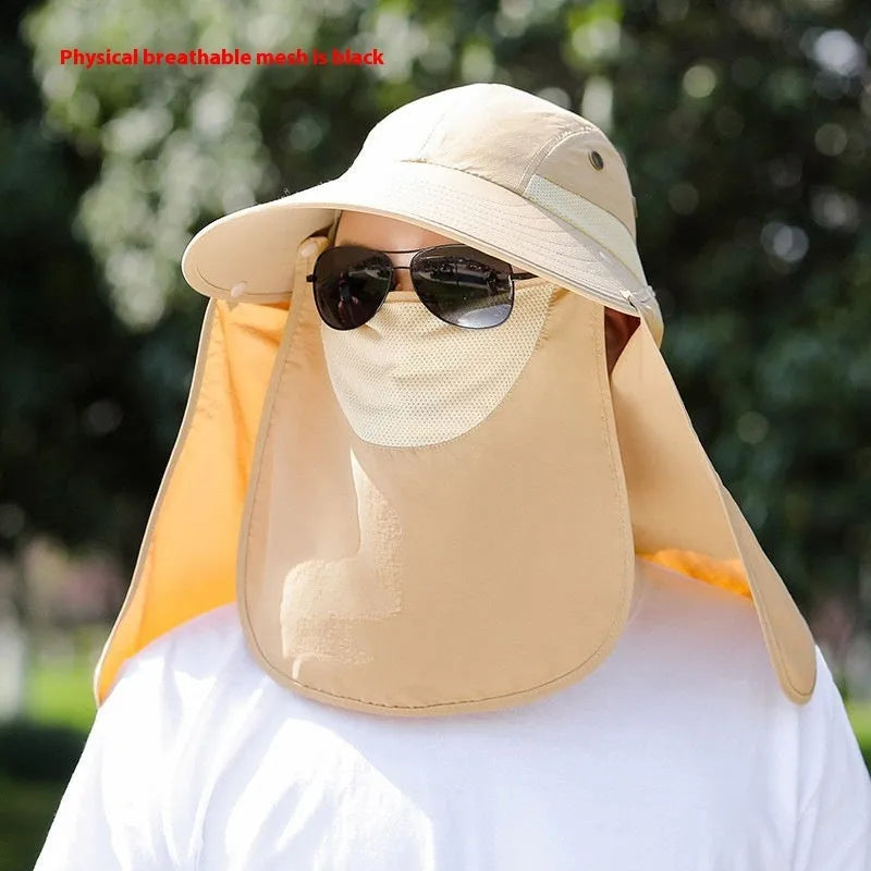 Men's navy blue sun protection hat with USB rechargeable fan and face covering shawl for fishing and outdoor activities