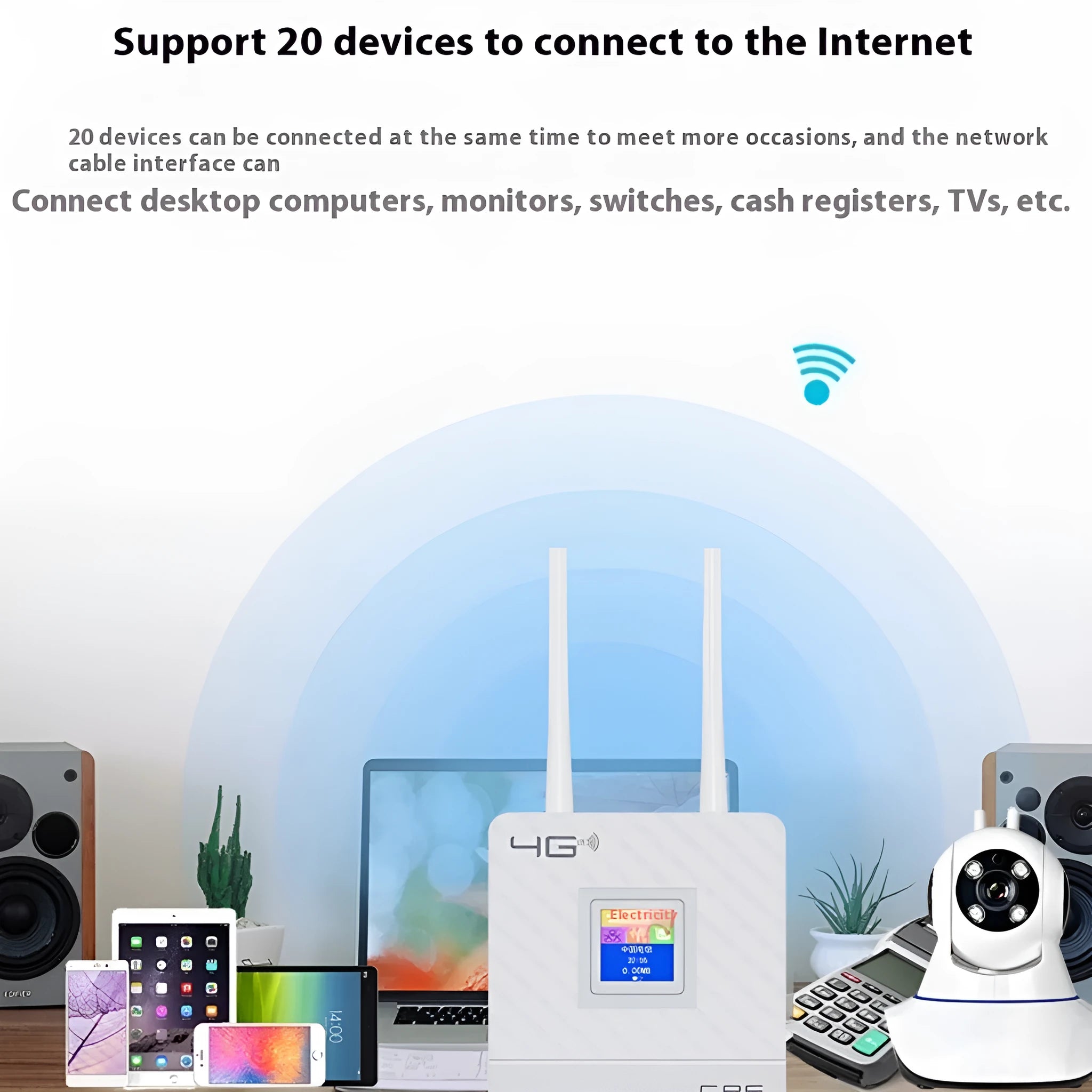 White LTE router for home office with two external black antennae connected, placed on a desk.