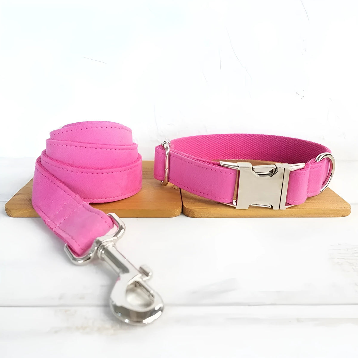 Pink velvet dog collar leash set on white background adjustable sizes XS to XL