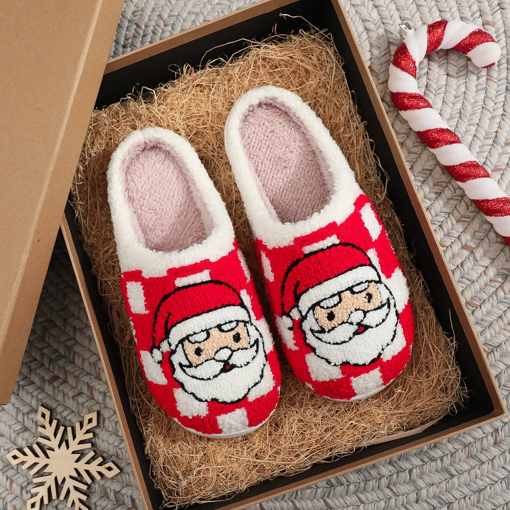 Red checkered Christmas plaid Santa Claus slippers with non-slip TPR sole for indoor winter wear