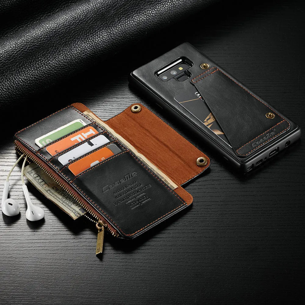 Black PU leather flip phone case for Samsung Galaxy Note 9 showing front and back.