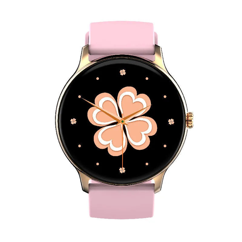 Black smartwatch with circular 1.28-inch screen and silicone strap for blood pressure and activity tracking.
