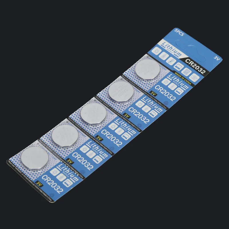 Pack of five CR2032 lithium button batteries on a blister card.