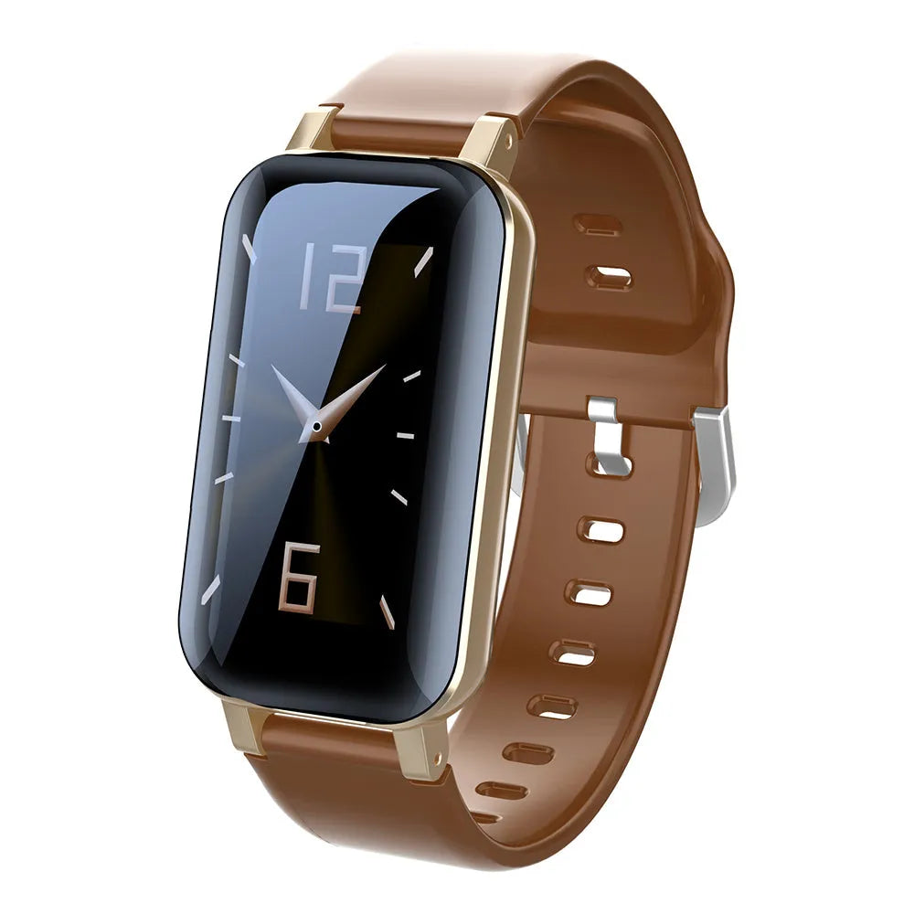 Call Bracelet smart wearable showing Black, Blue and Coffee colour options with adjustable band and heart rate monitoring display