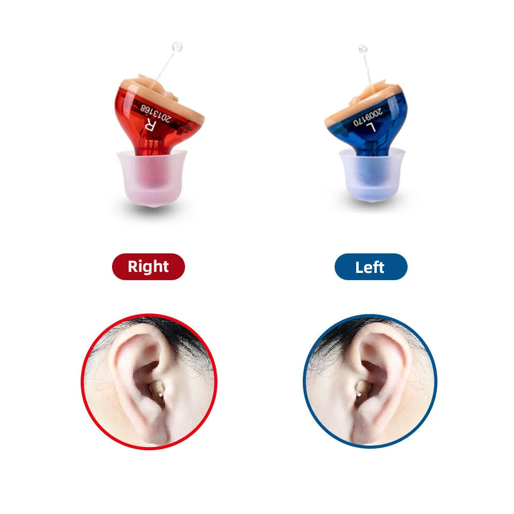 Q10 CIC hearing aid in red and blue colours showing compact 1.8cm x 1.2cm x 0.9cm size with included accessories