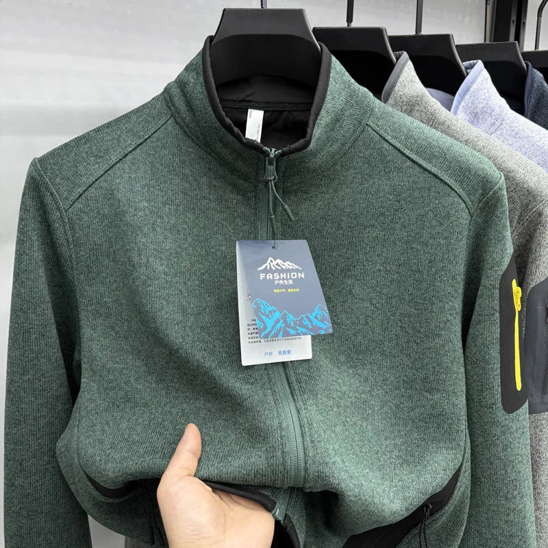 Men's solid colour stand collar knitwear jacket in polyester fibre, loose fit cardigan, available in multiple colours including Night Shadow Blue and Fog Dark Green.