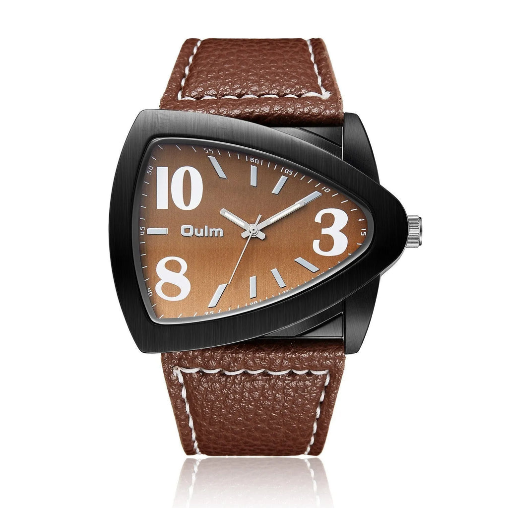 Men's casual watch with triangular belt strap in black, shown on wrist.