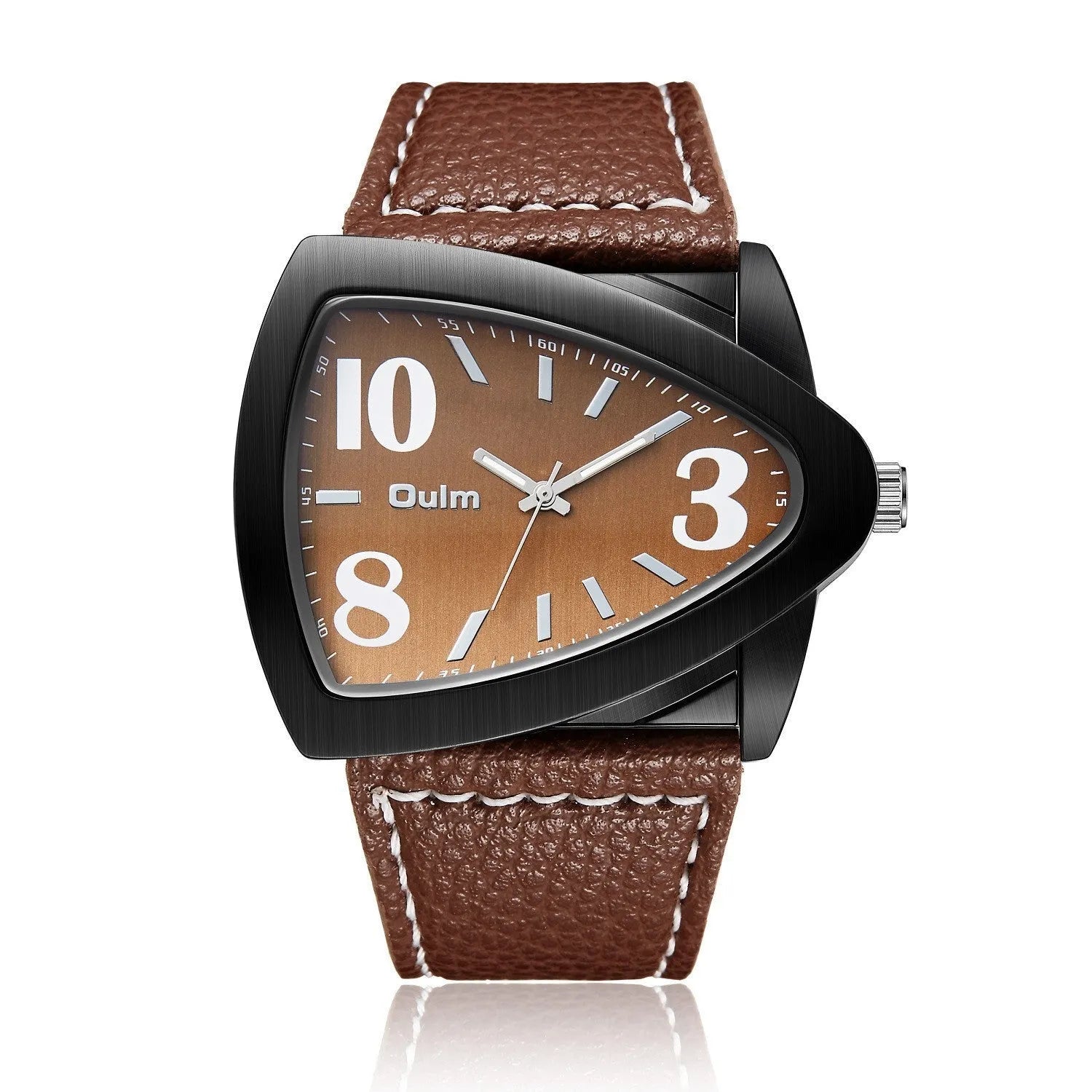 Men's casual watch with triangular belt strap in black, shown on wrist.