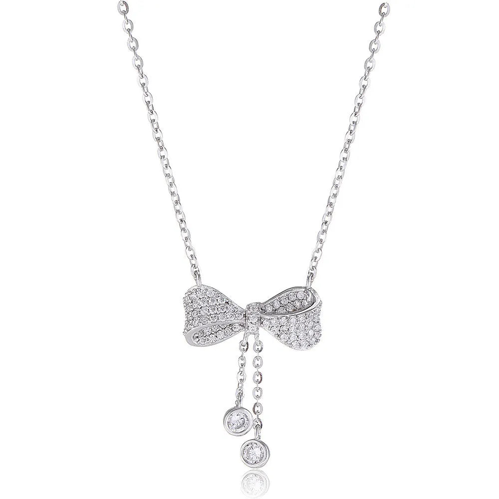 S925 sterling silver bow pendant necklace on O-ring chain, silver colour