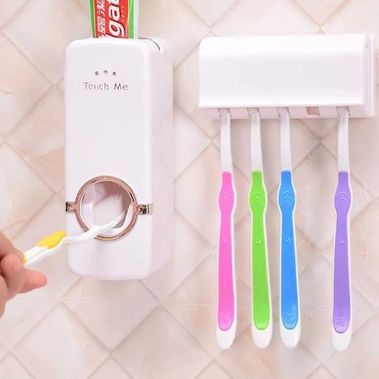 White adhesive bathroom accessories set with toothbrush holder mounted on tile wall