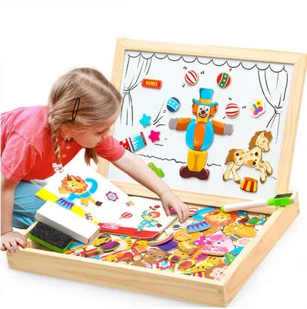 Wooden magnetic puzzle drawing board with animal and circus theme pieces for children