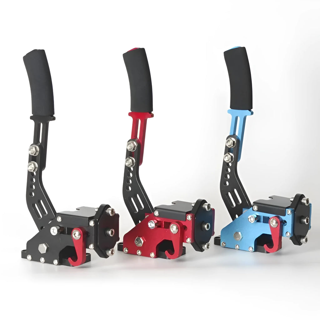 Linear drift handbrake controller for PC racing simulators in red, black, and blue colour options