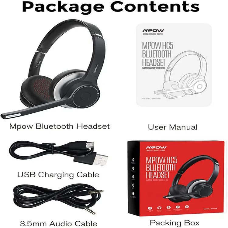 Black Bluetooth 5.0 noise reduction earphone head mounted with wireless stereo and call function