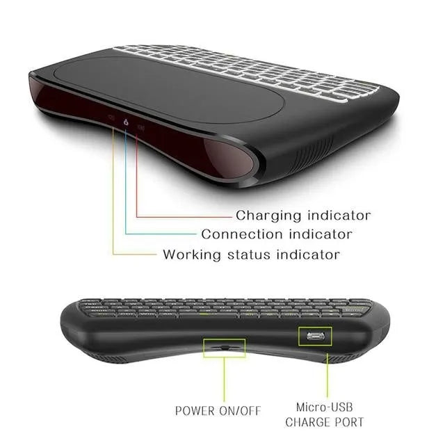 Black D8 Pro compact wireless keyboard with 78 keys and an integrated touchpad on a desk.
