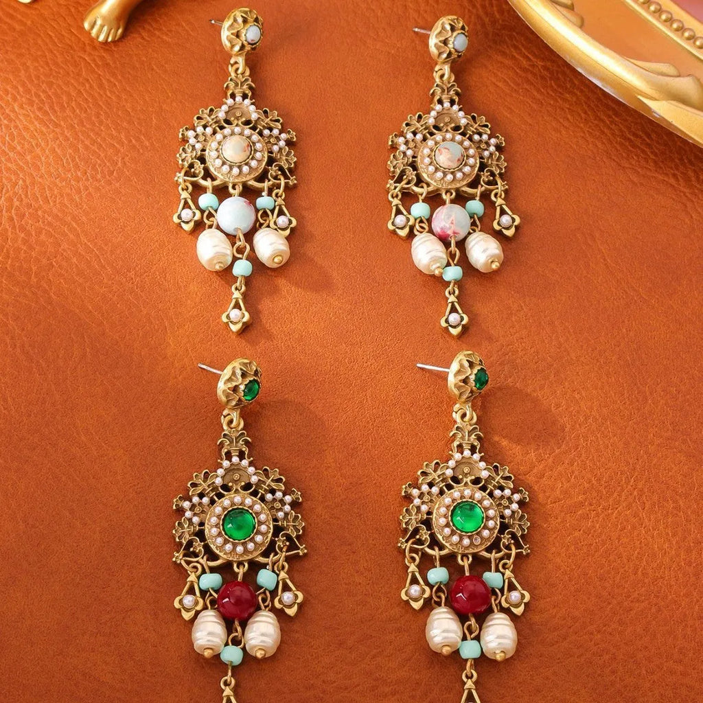 Alloy flower ear studs Chinese style 7.9cm drop for women red and green flower option