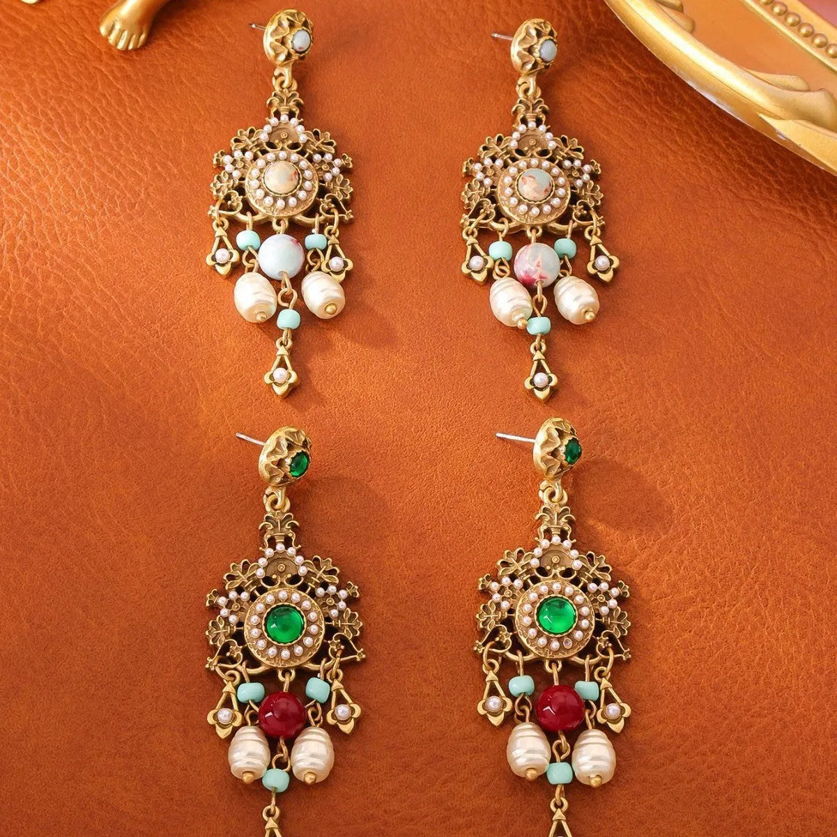 Alloy flower ear studs Chinese style 7.9cm drop for women red and green flower option