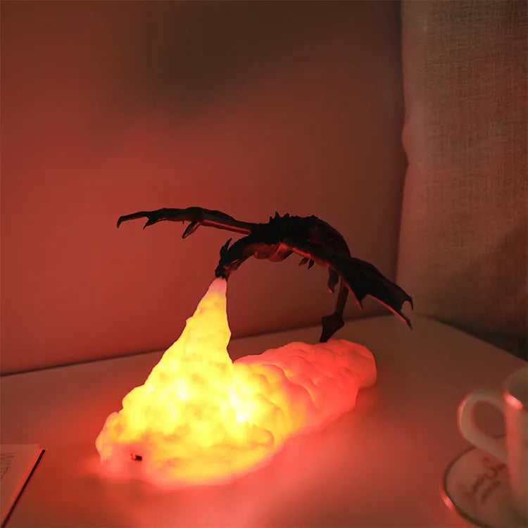 3D-printed dragon night light with red breathing light effect and USB charging cable