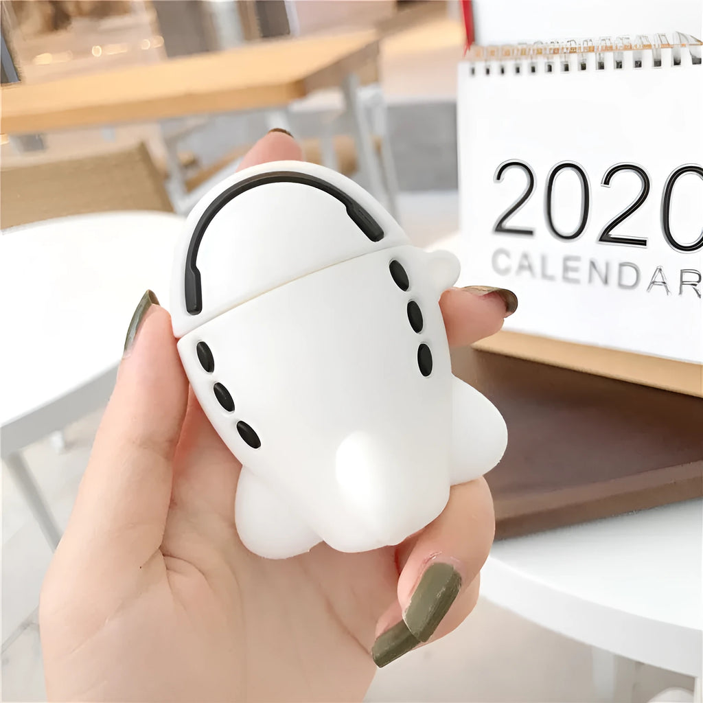 Blue silicone flip case for AirPods with cartoon airplane design and metal carrying hook.