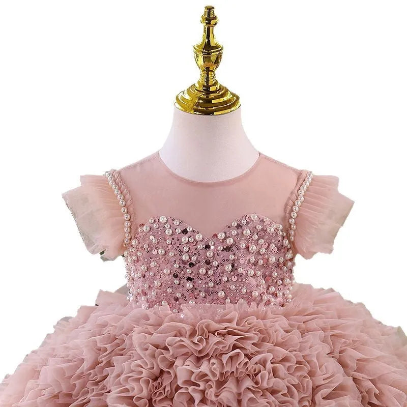 Children's princess pettiskirt in bean pink with tiered tulle layers polyester fabric