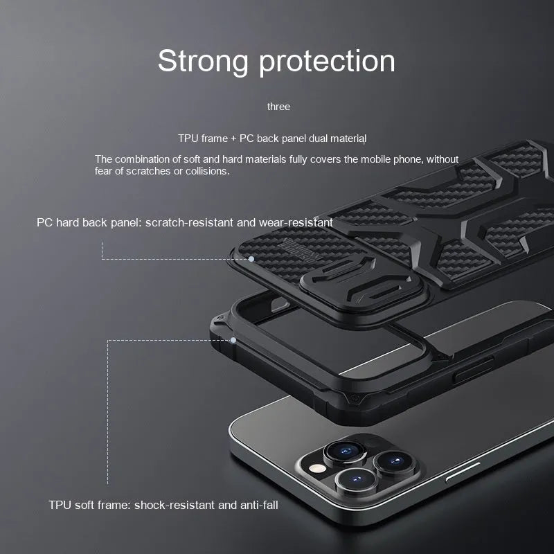 Lens slide cover phone case for iPhone 13 and iPhone 13 Pro in red, blue, or black, made from TPU and PC.