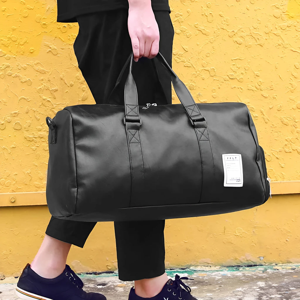 Black waterproof sports fitness bag with separate side compartments for shoes, shown in large and small sizes.