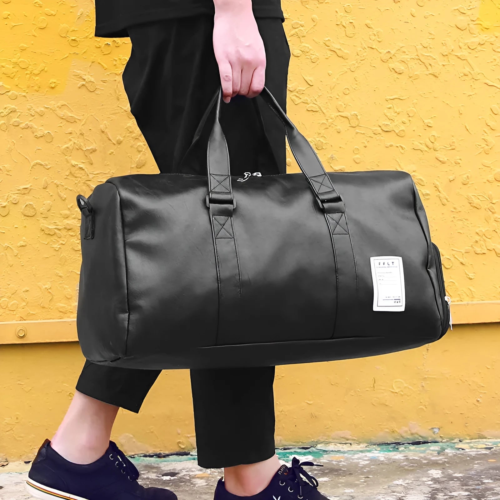Black waterproof sports fitness bag with separate side compartments for shoes, shown in large and small sizes.