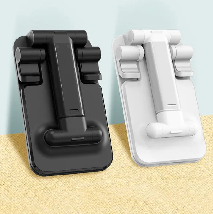 Desktop mobile phone stand with non-slip silicone, PC shell, alloy sheet and alloy support rod, in black or white