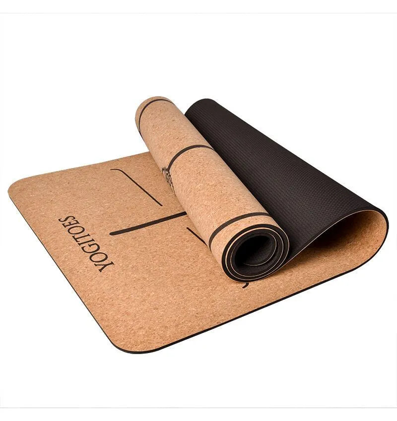 Tasteless natural cork yoga mat 183x65cm with Asana guide line and TPE base