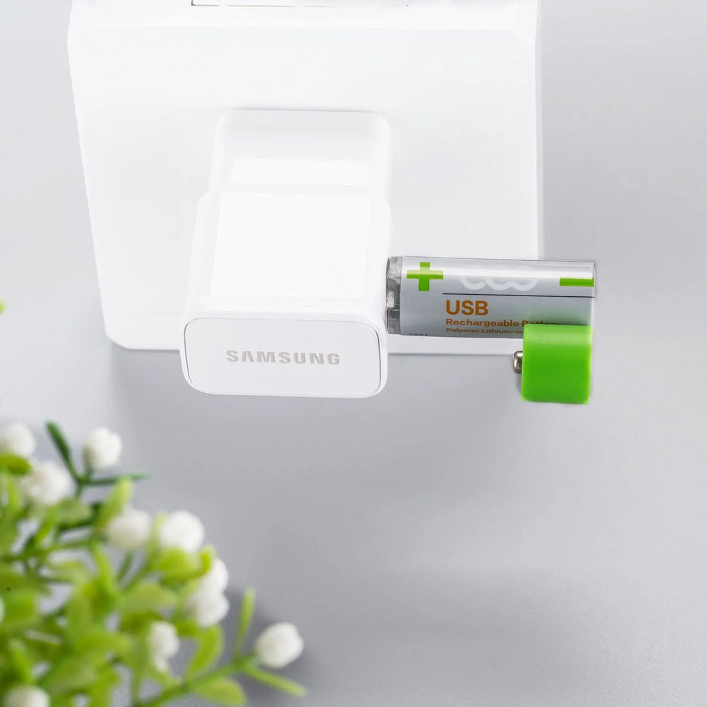 USB fast charge AA lithium battery in silver green with built-in USB port and polymer cobalt lithium core