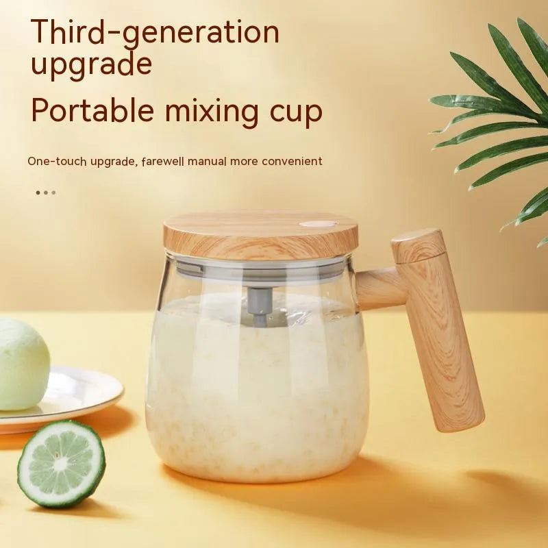 400ml clear borosilicate glass self-stirring electric coffee mug with button.