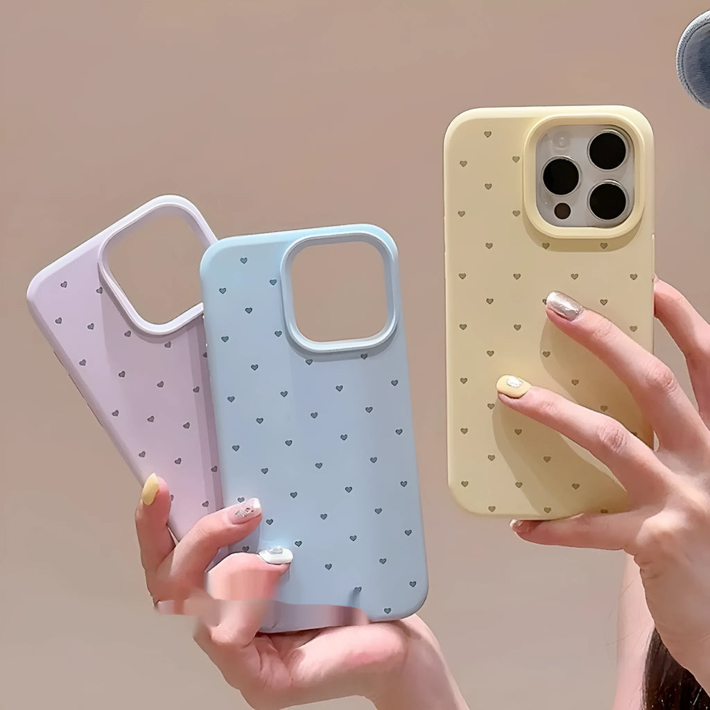 Liquid silicone phone case with love heart design in grass purple for iPhone 13, showing all-inclusive fit