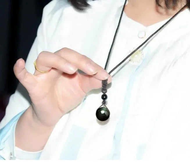 Natural obsidian rainbow eye transfer bead pendant necklace on polyester rope chain, 46cm length