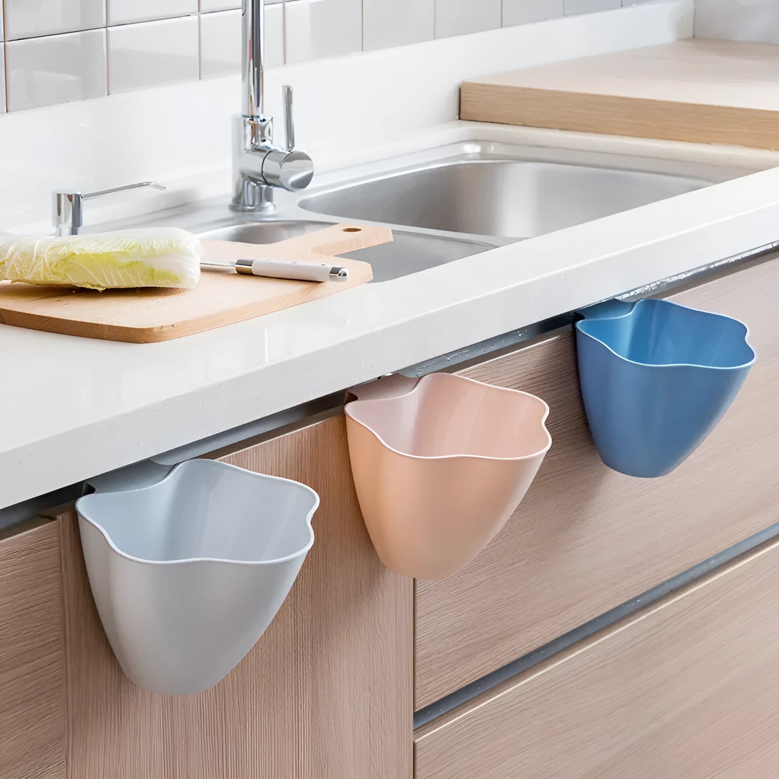 Nordic style slim kitchen bin for cabinets in blue, grey, or pink, dimensions 21x16x14 cm.