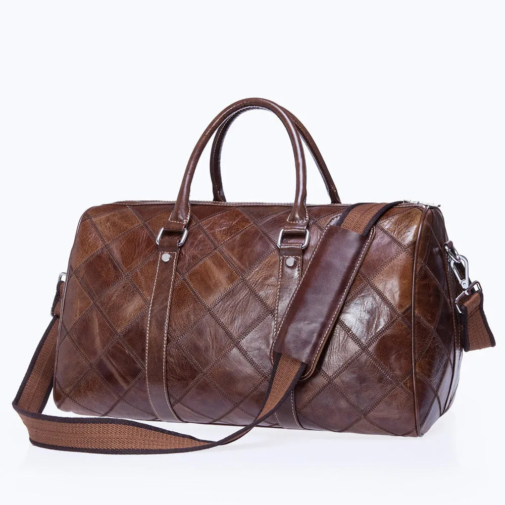 Men's brown leather duffel bag with a single strap and internal organiser pockets