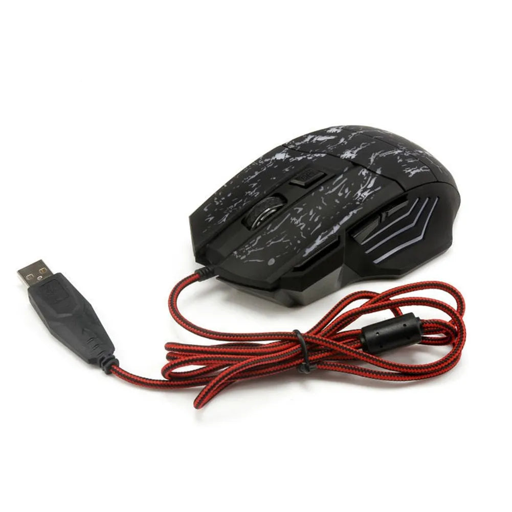 Black wired optical gaming mouse with transparent shell and luminous glow on a desk