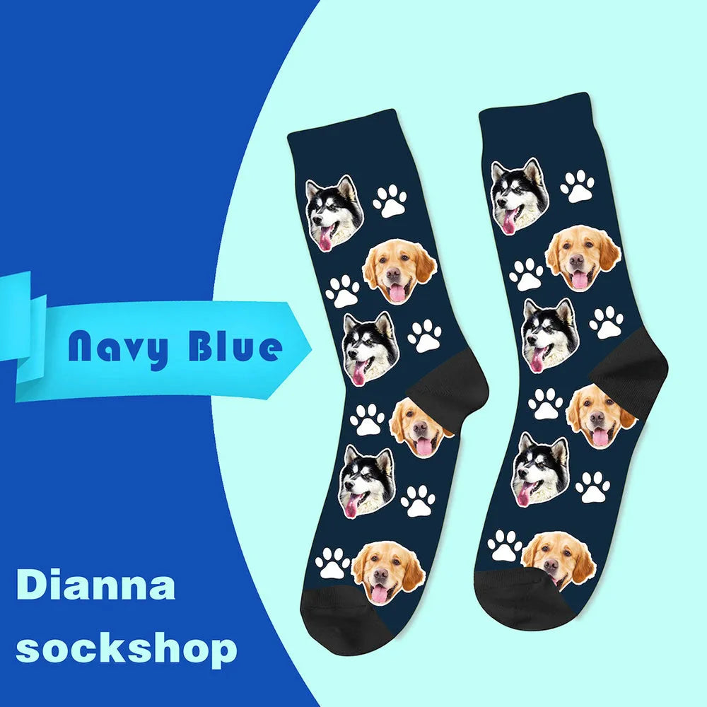 Custom cartoon graphic printed on a pair of coloured mid-calf tube socks made from polyester.