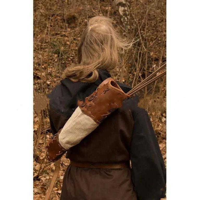 Warrior hand woven PU skin spliced quiver in brown with stitching pattern for adult archery
