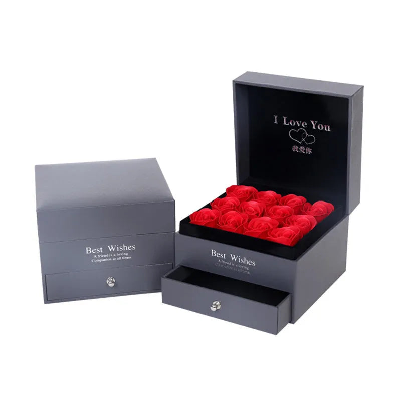 Silver double-layer rose gift box with nine foam latex roses and drawer for jewellery storage