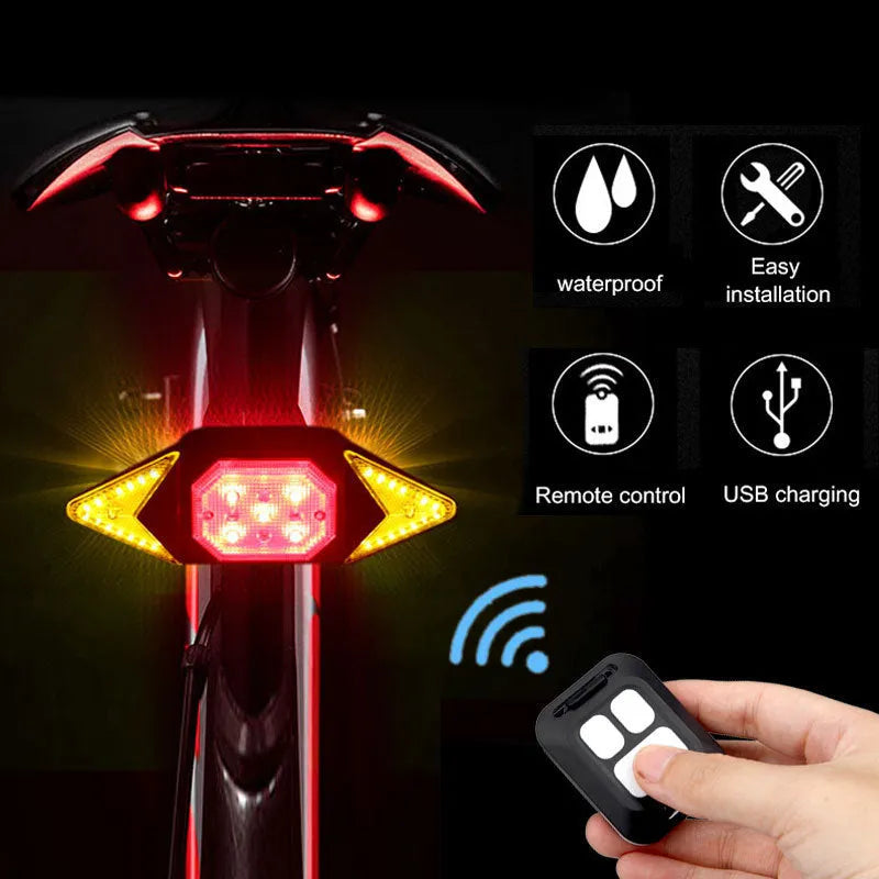 USB rechargeable bicycle turn signal with remote control, black, showing red and blue flashing LEDs