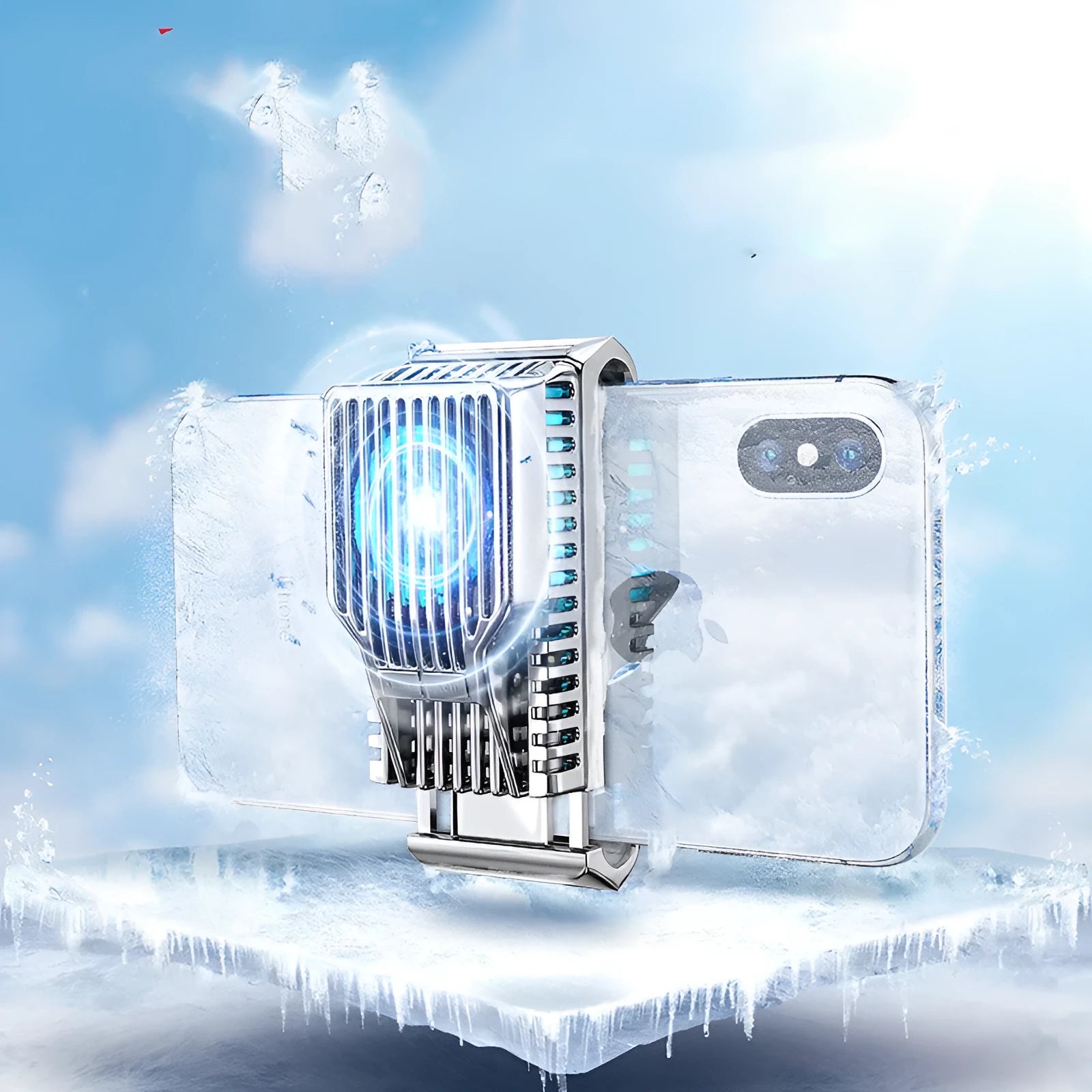 Mobile phone radiator cooling unit with clip for 4-7 inch devices in black aluminium alloy ceramic construction