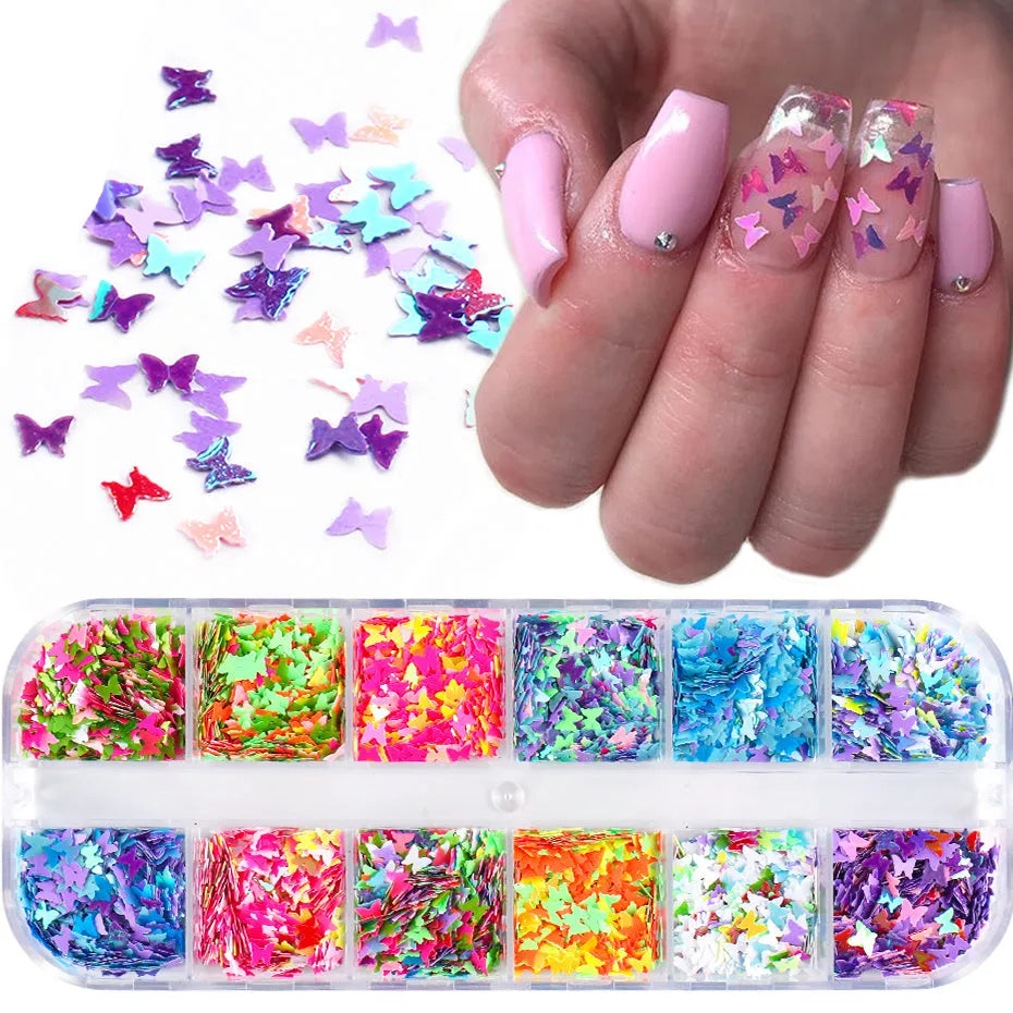 Butterfly sequin nail decoration in a 12 grid case with mixed colour glitter for natural or artificial nails