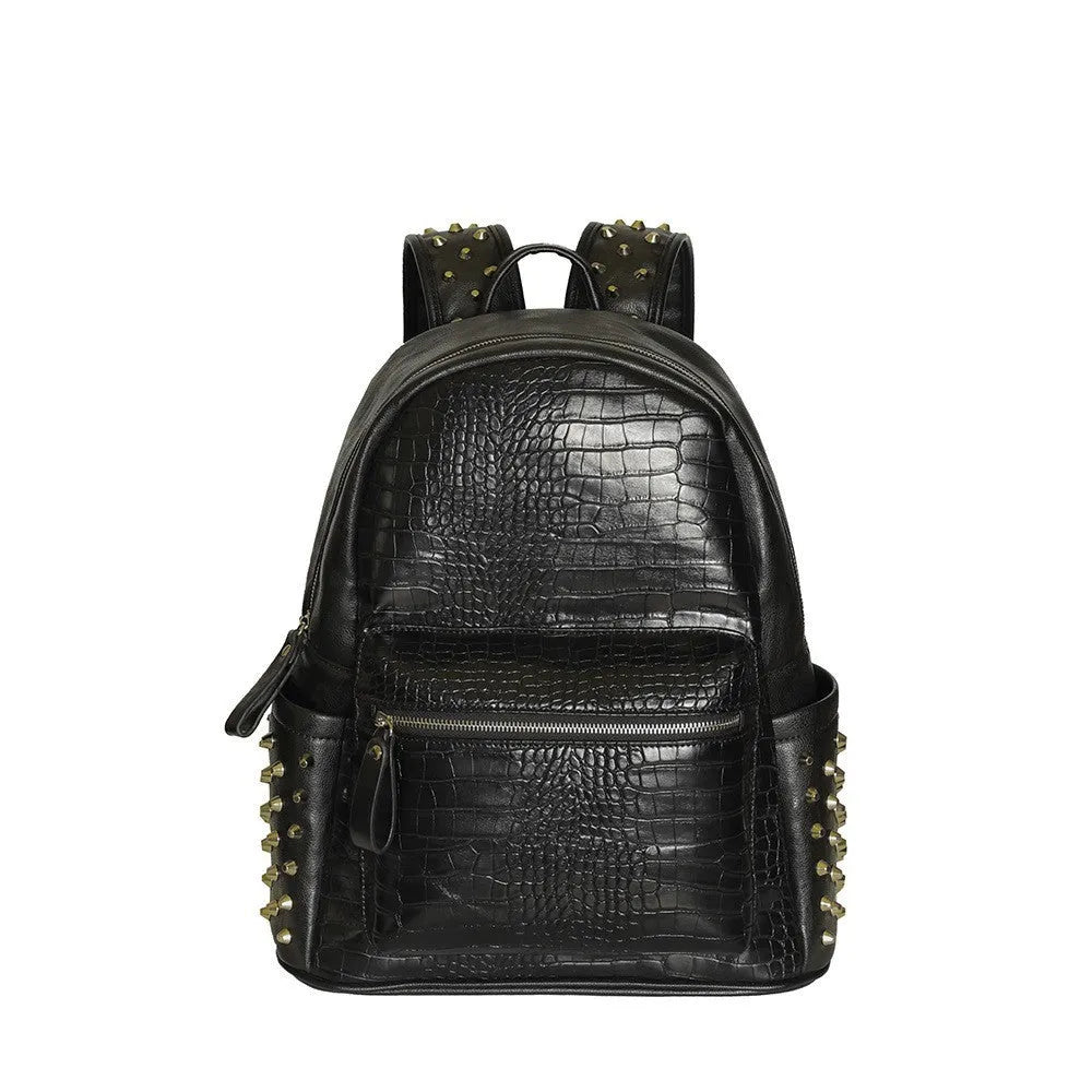 Black waterproof computer schoolbag with oil wax leather features and rivet detailing