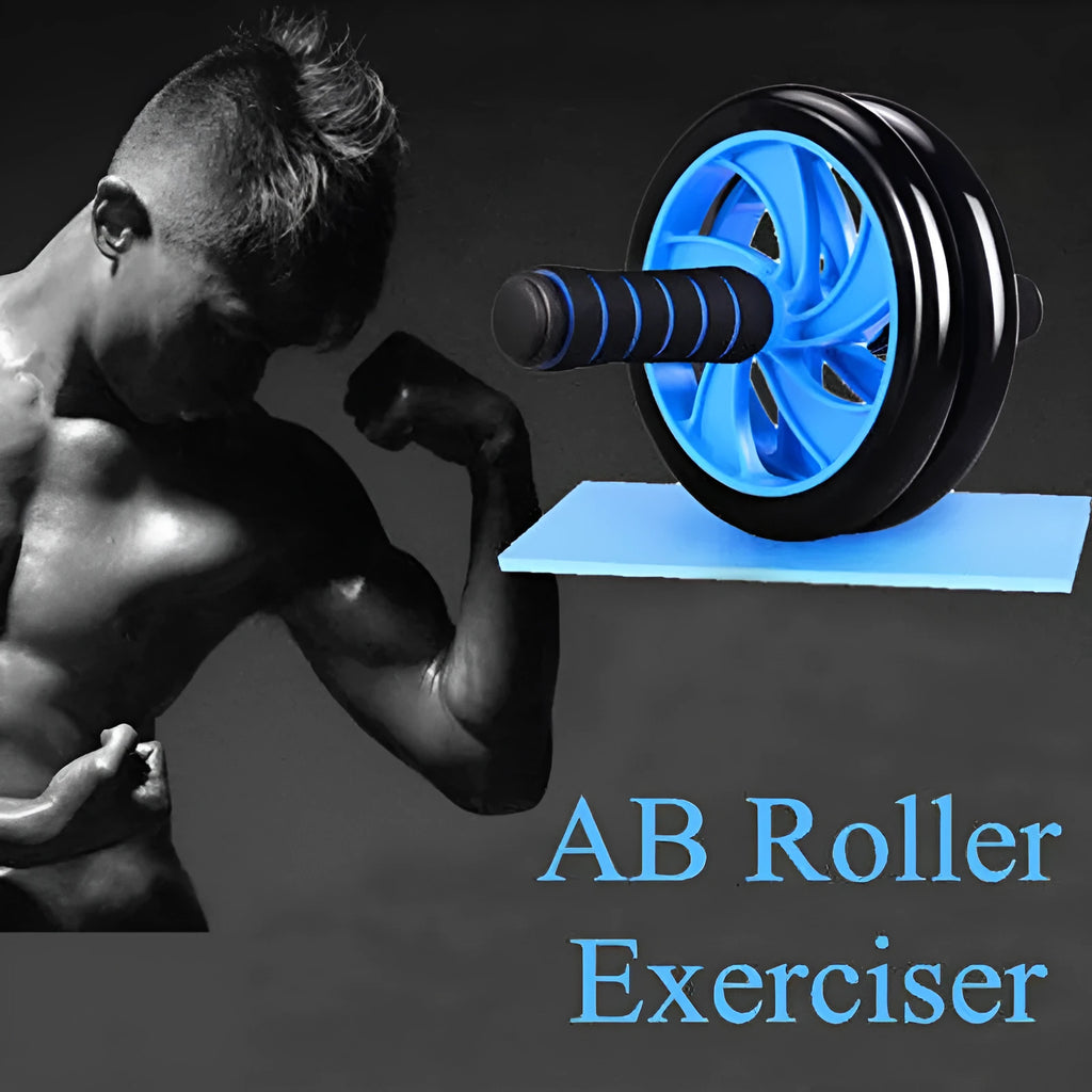 Dark blue double-wheel abdominal roller with push-up support and palm guard, ABS plastic, 16.5cm and 14.5cm roller diameters.