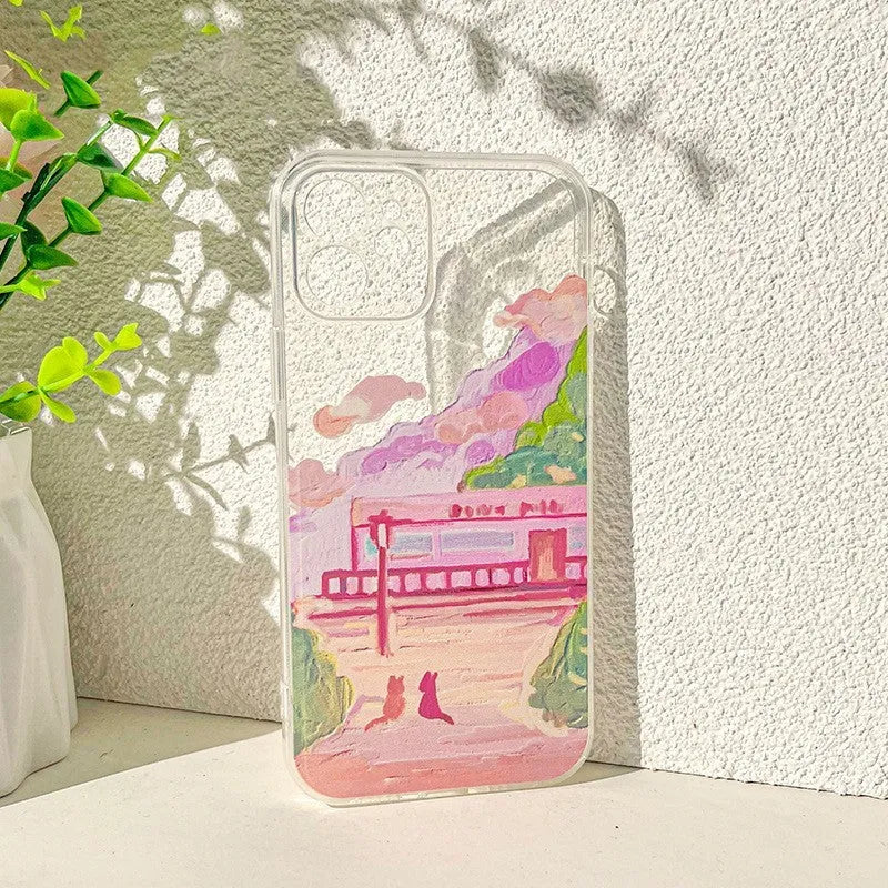 Soft silicone iPhone case with colourful two-cat cartoon design on the back.