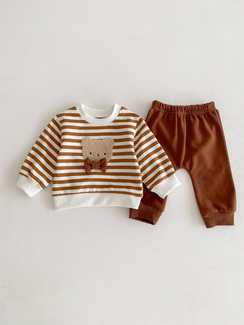Cotton baby bear suit two-piece set in light beige with animal pattern, available in sizes 73-110cm